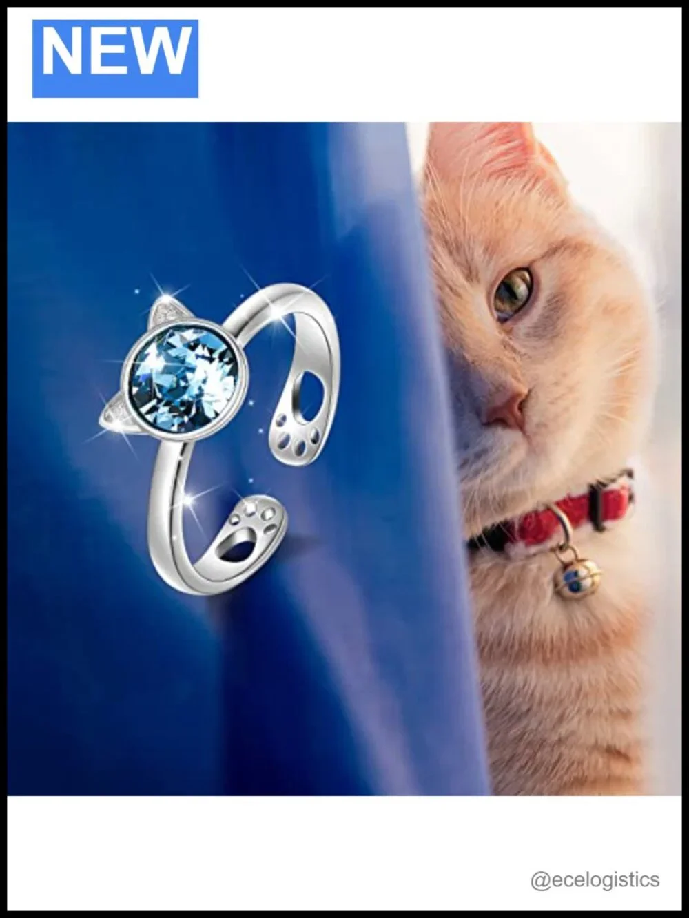 925 Sterling Silver Cat Ring with Austrian Crystal Adjustable Stacking